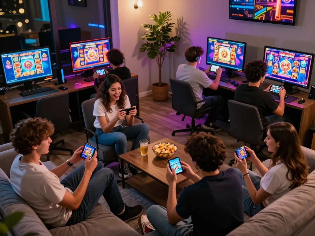 Players engaging with Pragmati Play slot games on mobile devices in a cozy gaming room.