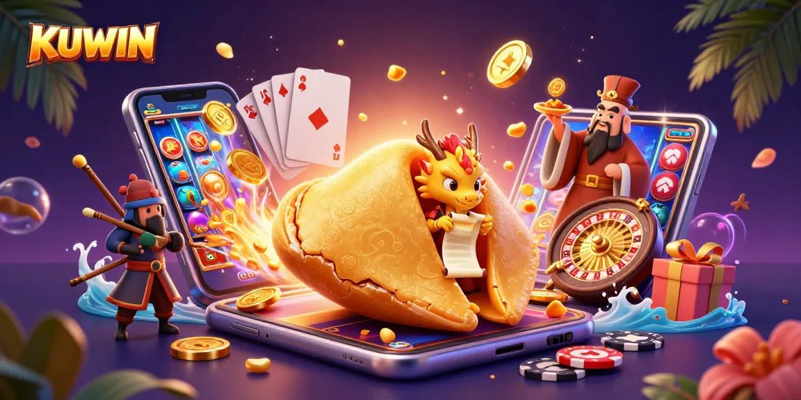 KUWIN players engage with a vibrant scene of slot games and fortune characters.