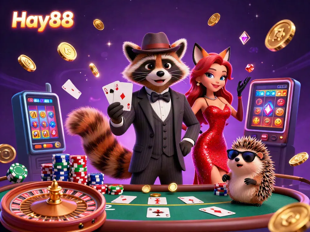 Experience exciting moments with Hay88 as a suave raccoon and fox in a vibrant casino scene.