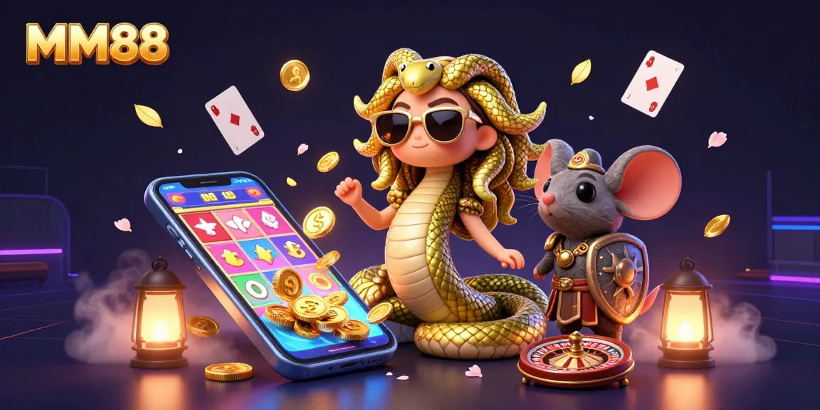 Engage with MM88's vibrant casino scene showcasing friendly Medusa and a stone mouse amidst exciting games.