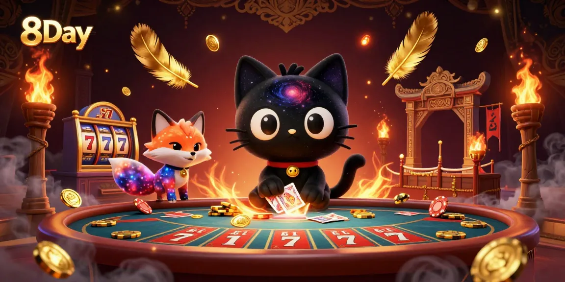 Play vibrant casino games including 8Day's winning slots and golden tokens in an animated scene.