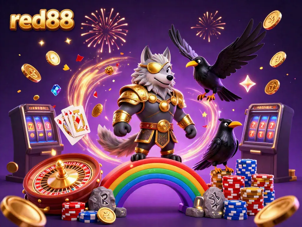Experience thrilling wins at red88 with 3D cartoon Norse mythology-inspired characters celebrating around dazzling casino elements.