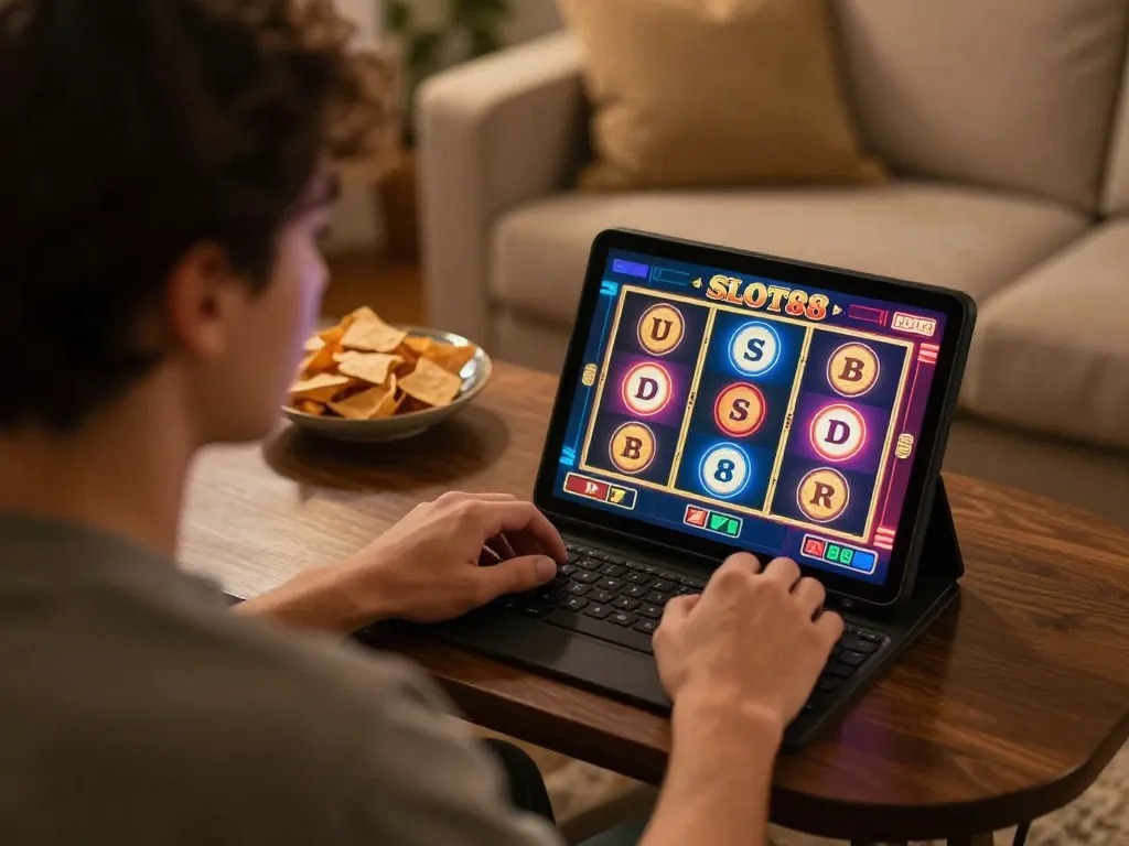 SLOT88 player enjoying an exciting slot game on a tablet in a cozy living room