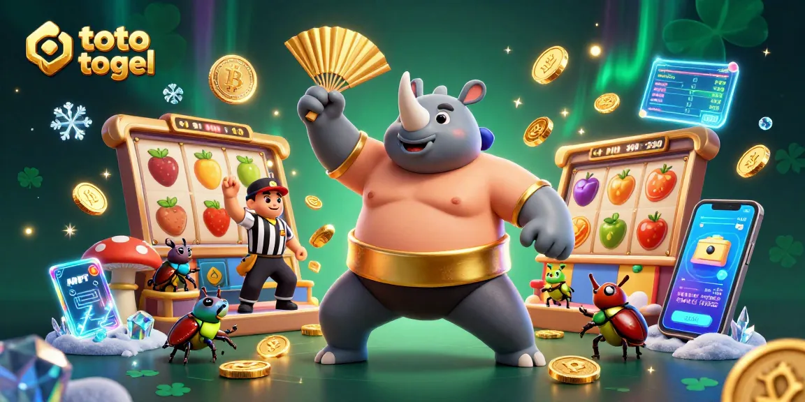 Engaging scene of the toto togel online environment with a cartoon sumo champion beetle, coins flying, and colorful slot elements.