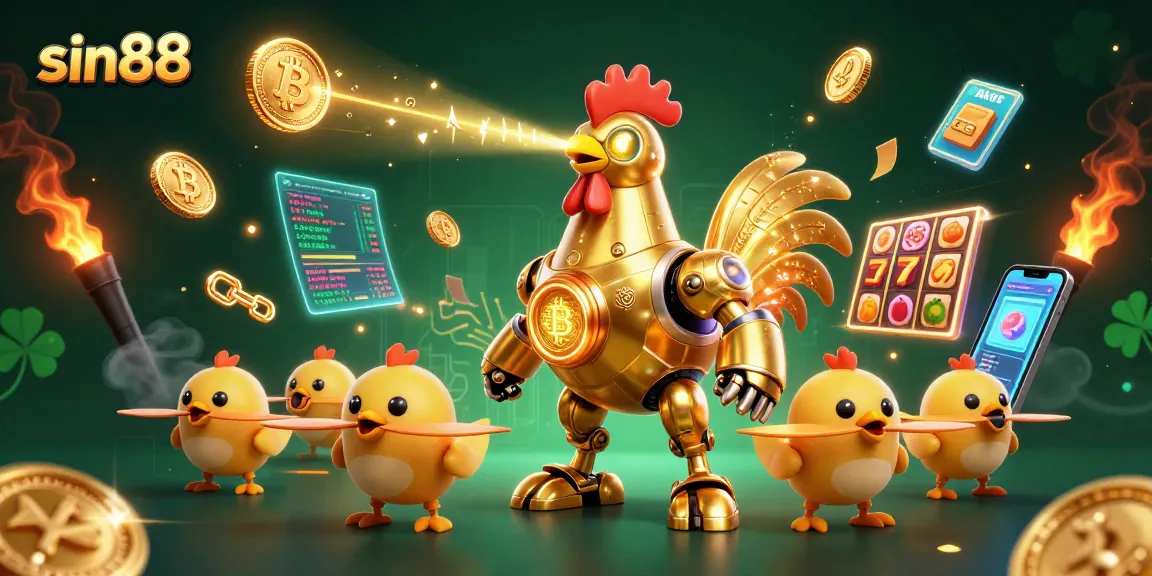 Experience the dynamic action of sin88 with a golden rooster robot and crypto elements.