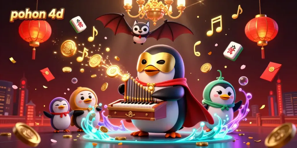 Pohon 4D captures an exhilarating scene featuring a phantom penguin and acrobatic bat, exuding vibrant gambling excitement.
