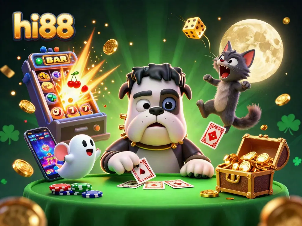 Experience fun gaming with hi88's lively card dealing Frankenstein bulldog at a vibrant casino table.