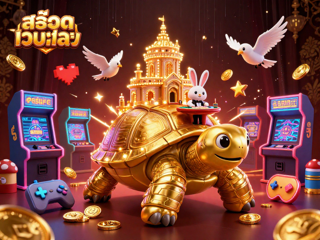 Play thrilling สล็อตเว็บตรง games with a vibrant 3D scene featuring a golden tortoise casino!