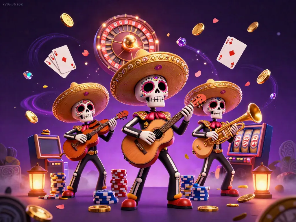 Experience the vibrant energy of 789club apk with a dynamic mariachi band amidst casino elements in this 3D illustration.