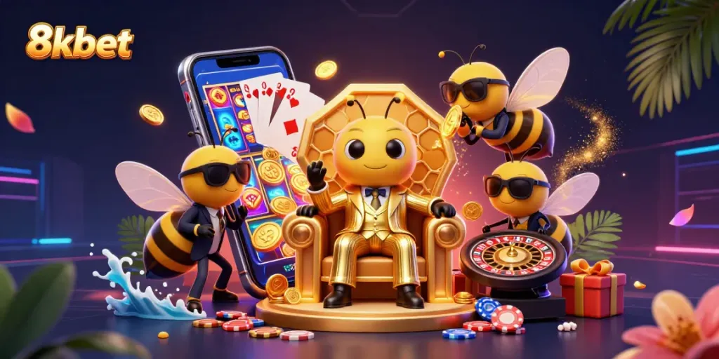 Experience the thrill of 8xbet with vibrant slot games and engaging casino elements in a dynamic scene.