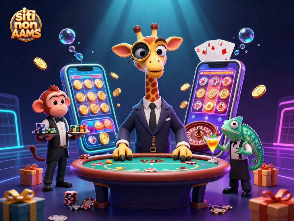 Gioca sui siti non AAMS con un giraffe VIP, un valet e un bartender, un'illustrazione vivace.
