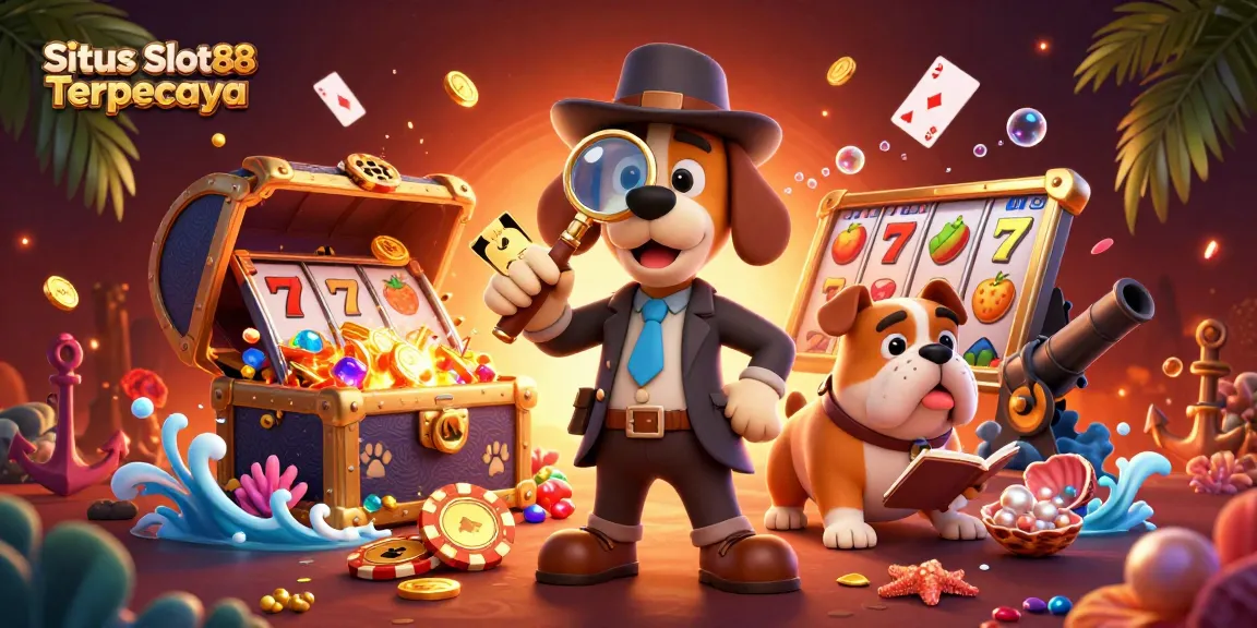 Situs Slot88 Terpercaya highlights 3D cartoon detective with poker chip in vivid casino scene.