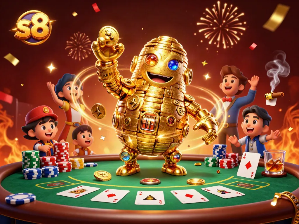 Experience exciting gameplay with s8's golden coin golem amidst vibrant poker elements.