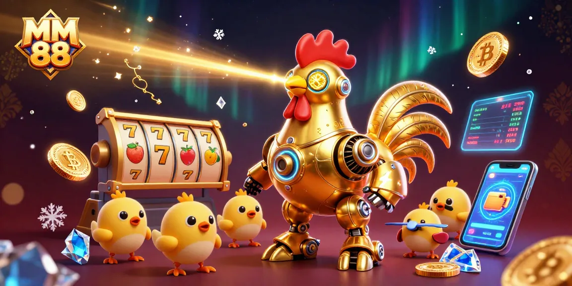 Shoot golden patterns from MM 88's iconic rooster robot in a vibrant casino scene.