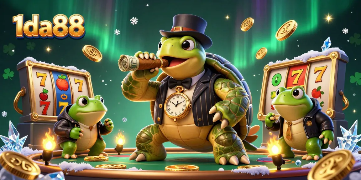 1da88 offers exciting casino entertainment with a snapping turtle and bullfrog enforcers amidst dynamic slot game elements.
