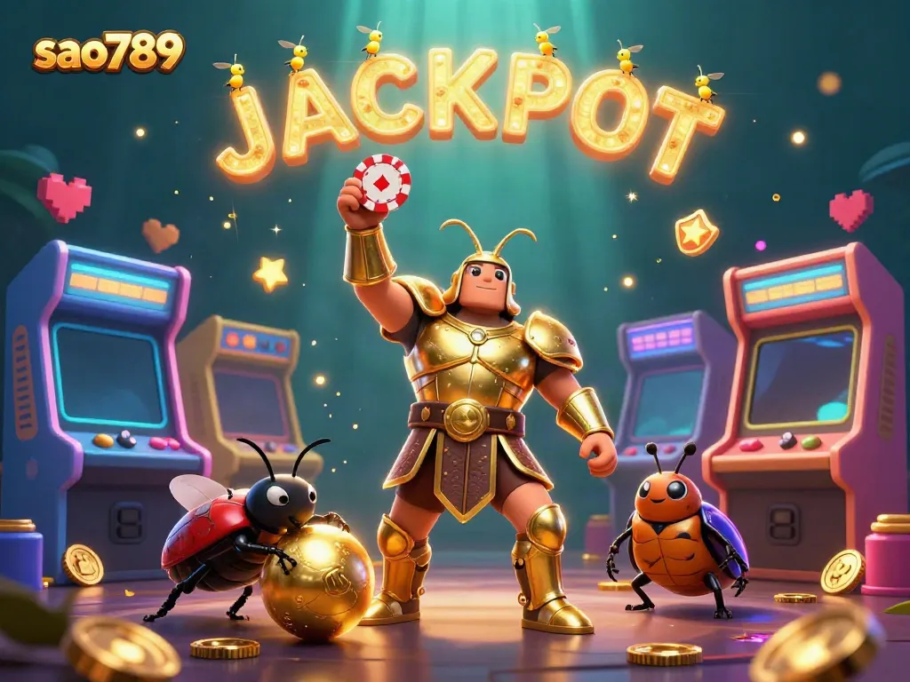Sao789 brings excitement to life as a hercules beetle celebrates with a jackpot poker chip amidst vibrant casino elements.