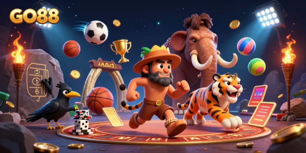 Engage with GO88's vibrant casino atmosphere featuring colorful characters and energetic gambling elements.