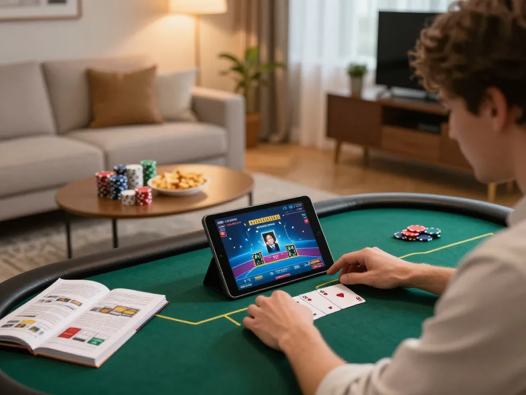 Player engaging in rokok88 online poker game from a cozy living room setup, conveying strategic home gambling.