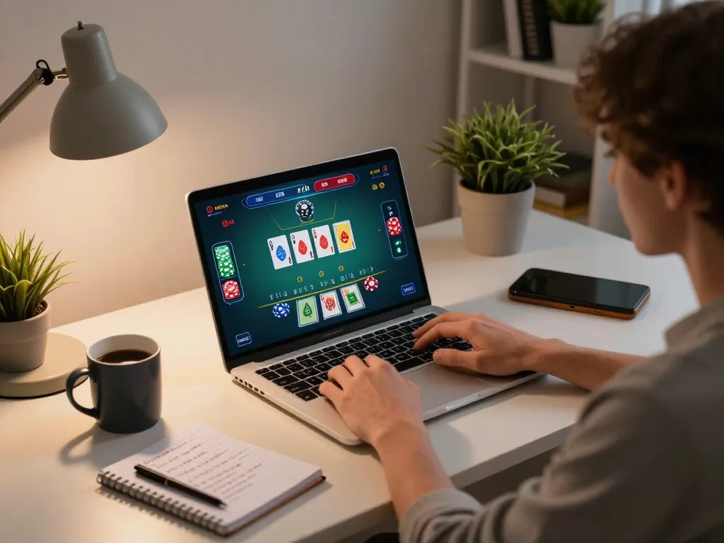 Person engaged in online blackjack gaming at home, showcasing nhacaiuytinn strategy notes.
