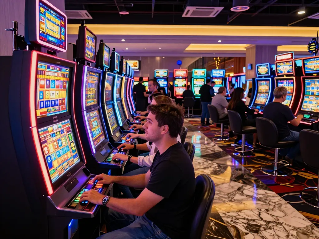 Players enjoying Slot x1000 machines in an exciting casino atmosphere, vibrant lights and dynamic gameplay.