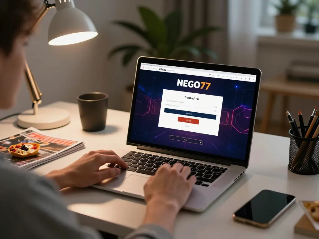 Engaged player at NEGO77 login screen on laptop for online gaming strategies.