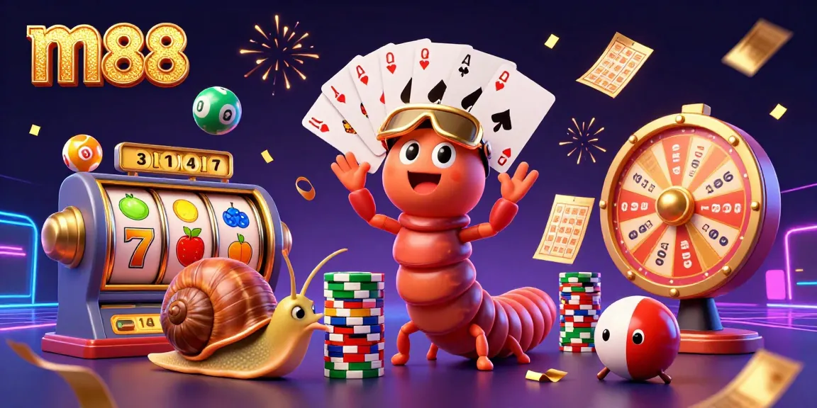 Experience the thrill of m88 with colorful slot reels and vibrant casino elements in this dynamic illustration.