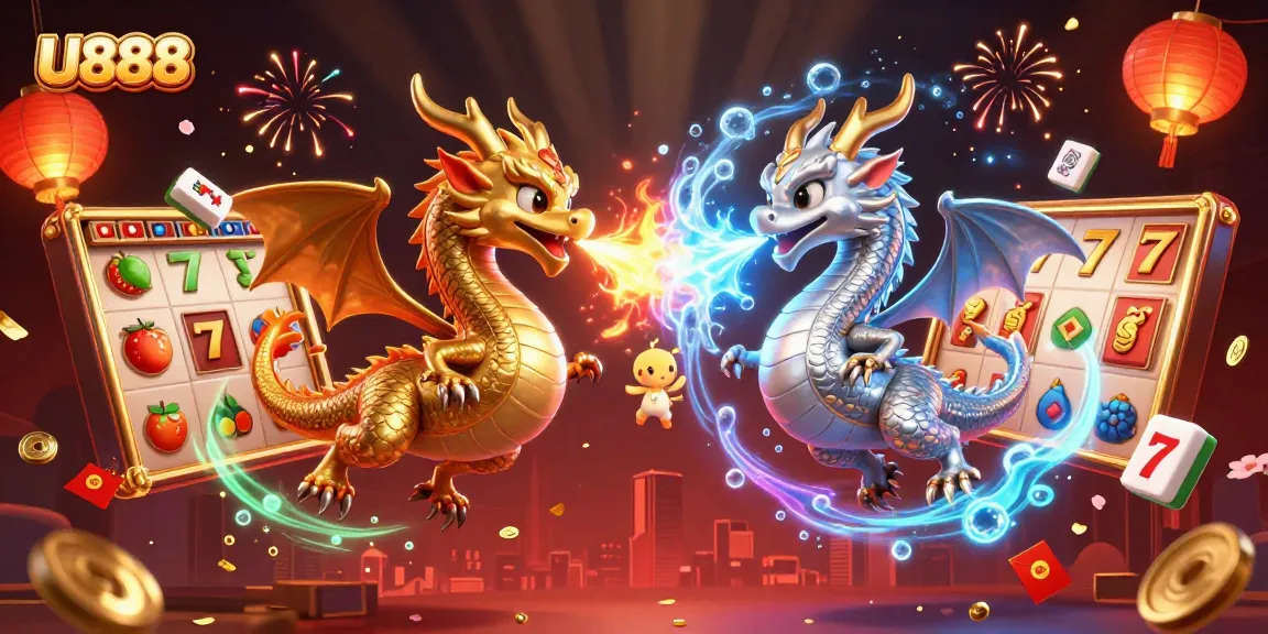 Engage with U888's thrilling gaming experience, showcasing gold and silver dragons in a vibrant casino setting.
