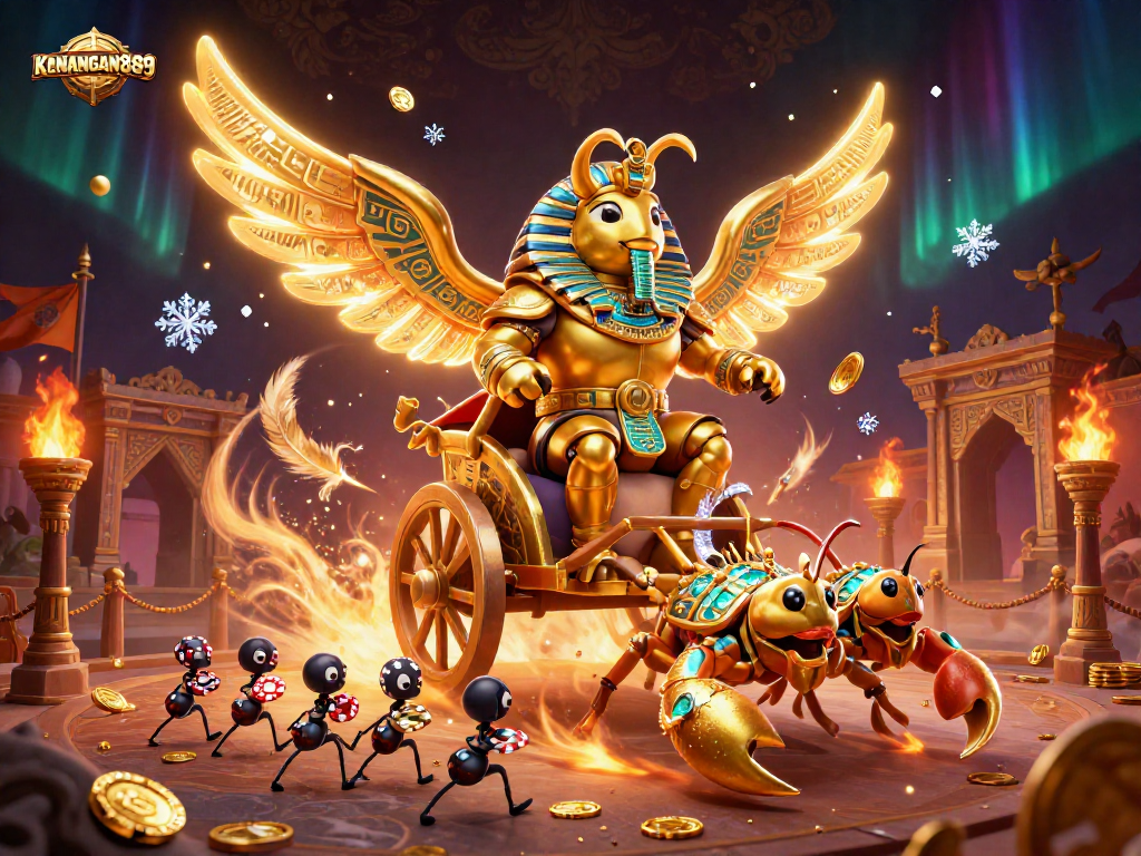 Engage with KENANGAN889 featuring a colossal golden scarab beetle in a dynamic casino scene.