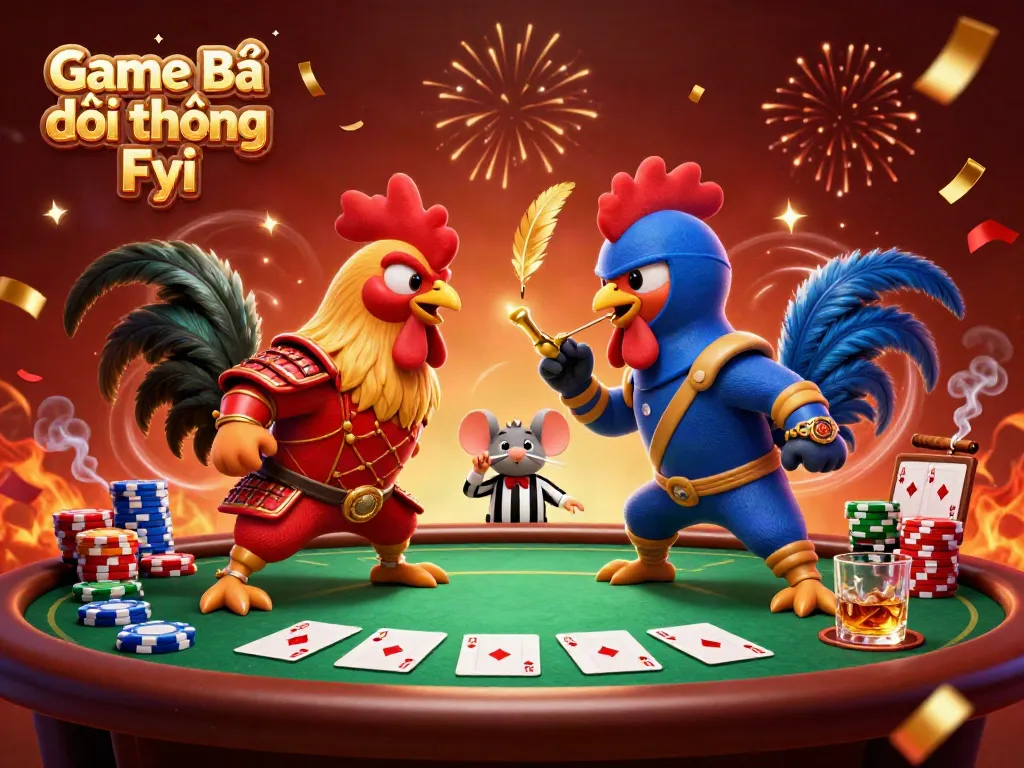 Engaging scene of twin roosters battling in the vibrant Game Bài Đổi Thưởng Fyi arena, showcasing poker elements.
