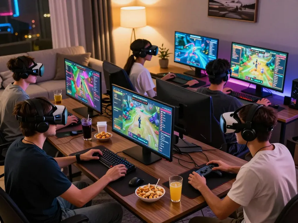 Friends enjoying online gaming comfortably with vegasslot77 on a large screen and advanced equipment.