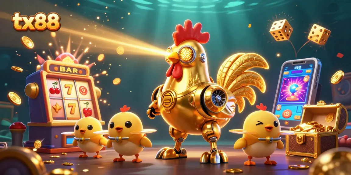 Experience thrilling gameplay with tx88 as explosive jackpots and vibrant symbols burst around a golden rooster.