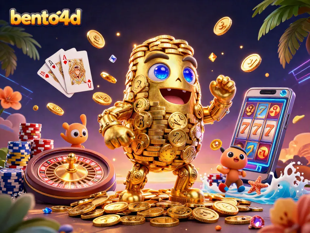Experience bento4d with a vibrant 3D scene featuring spinning roulette wheels and dazzling gold coins.