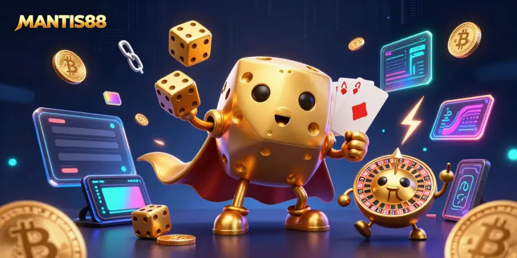 Experience the exhilarating world of MANTIS88 with dynamic golden dice characters and vibrant crypto elements.