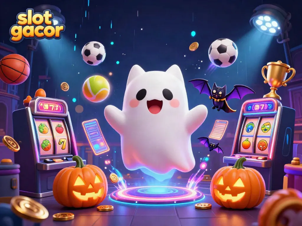 Engage with the vivid scene of "slot gacor" featuring a friendly ghost cat in a haunted casino filled with dynamic gaming elements.