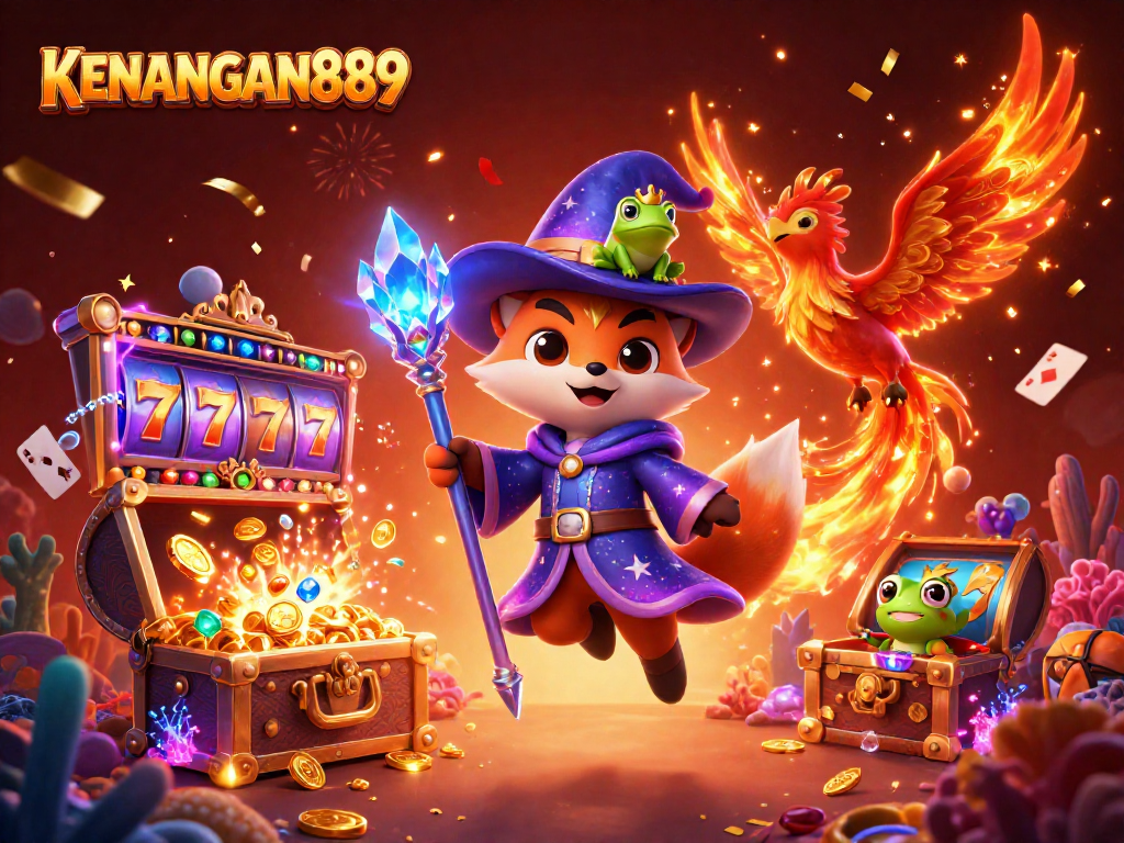 Experience the magic of KENANGAN889 in this vibrant slots-themed illustration featuring mystical characters and gold.