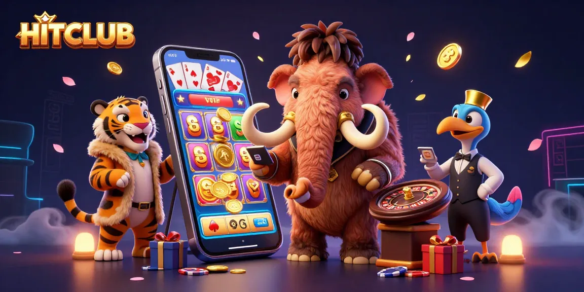 Experience the exciting HITCLUB casino atmosphere with vibrant gaming elements and animated characters.