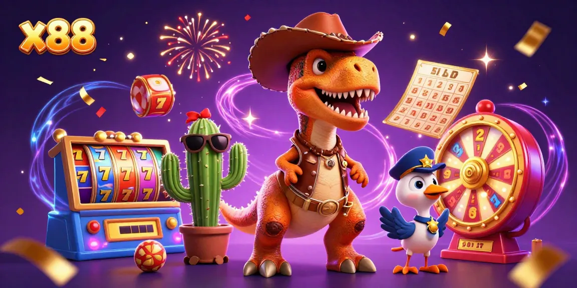 x88 powers up excitement in this vibrant casino scene with colorful slot reels and animated prizes.