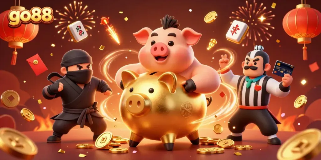Exciting scene showcasing go88 characters including a golden piggy bank sumo wrestler and wallet-ninja, surrounded by festive casino elements.