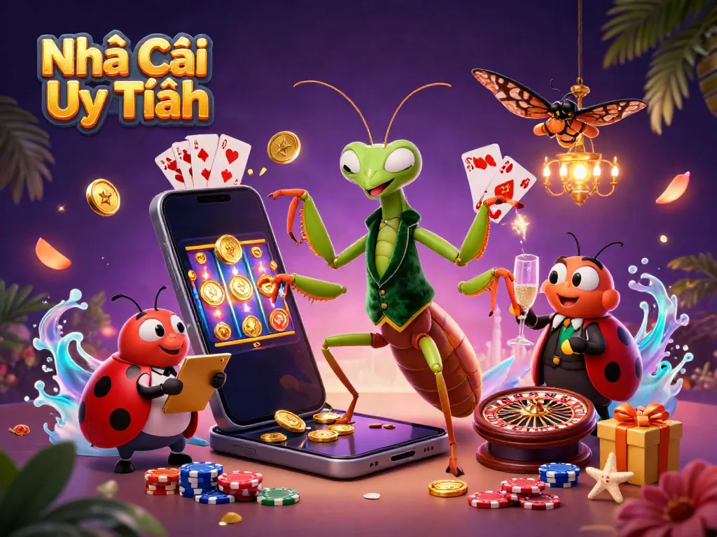 Experience the vibrant atmosphere of Nhà Cái Uy Tín with a giant card sharp and ladybug pit boss surrounded by casino elements.