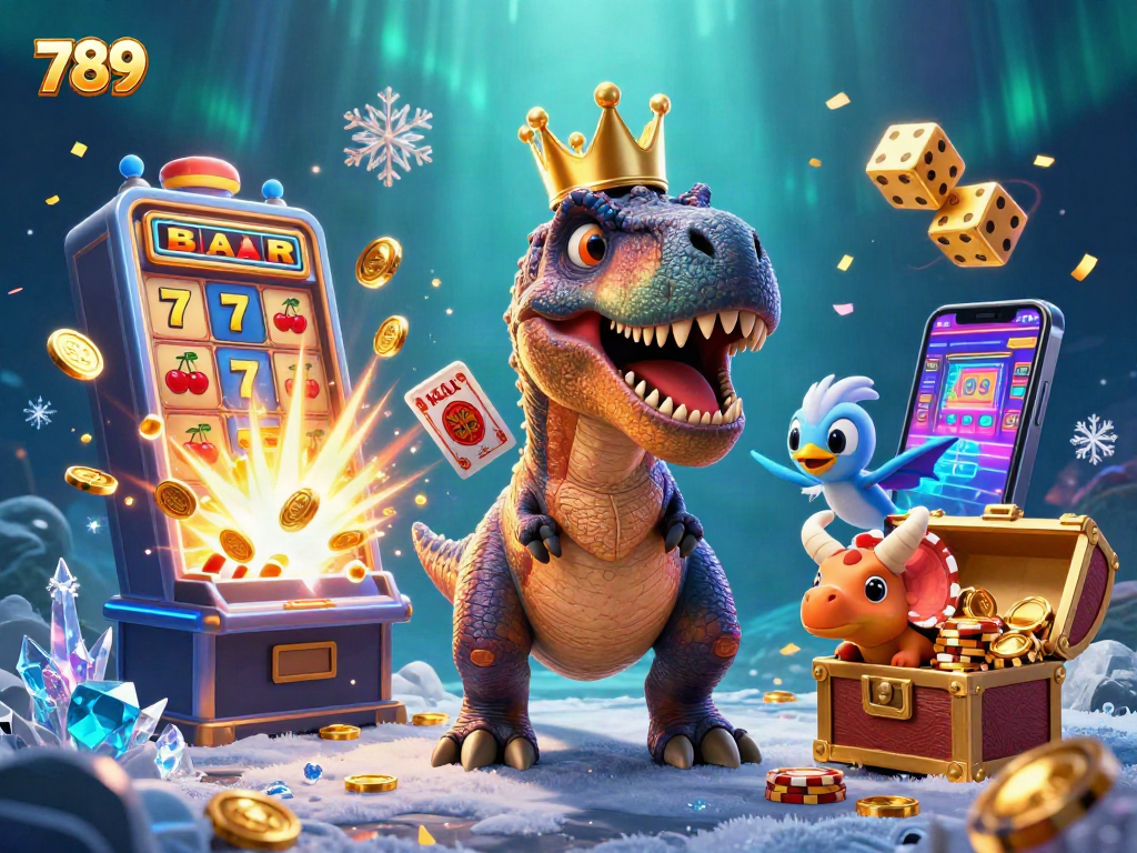 Experience the thrill of 789CLUB with a colorful casino scene featuring cartoon dinosaurs and dynamic gaming elements.