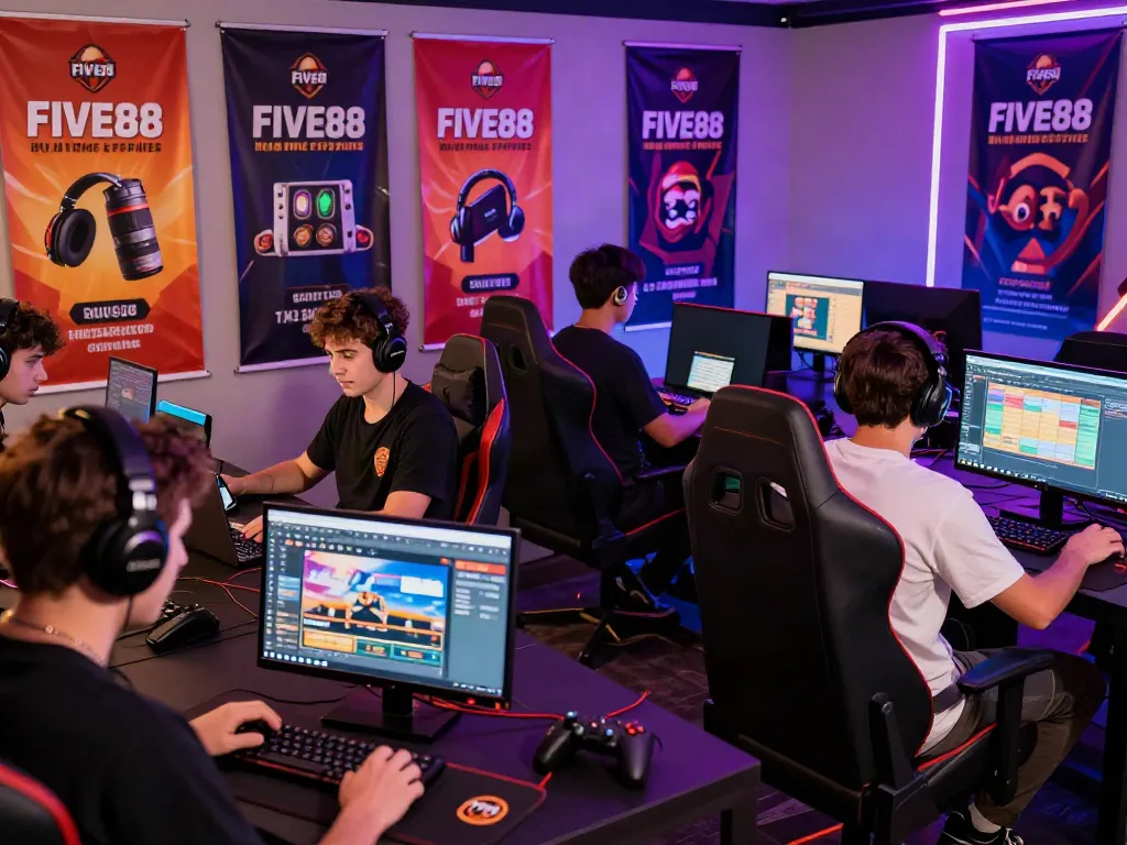 Players enjoying competitive gaming sessions in a lively FIVE88-themed gaming lounge.