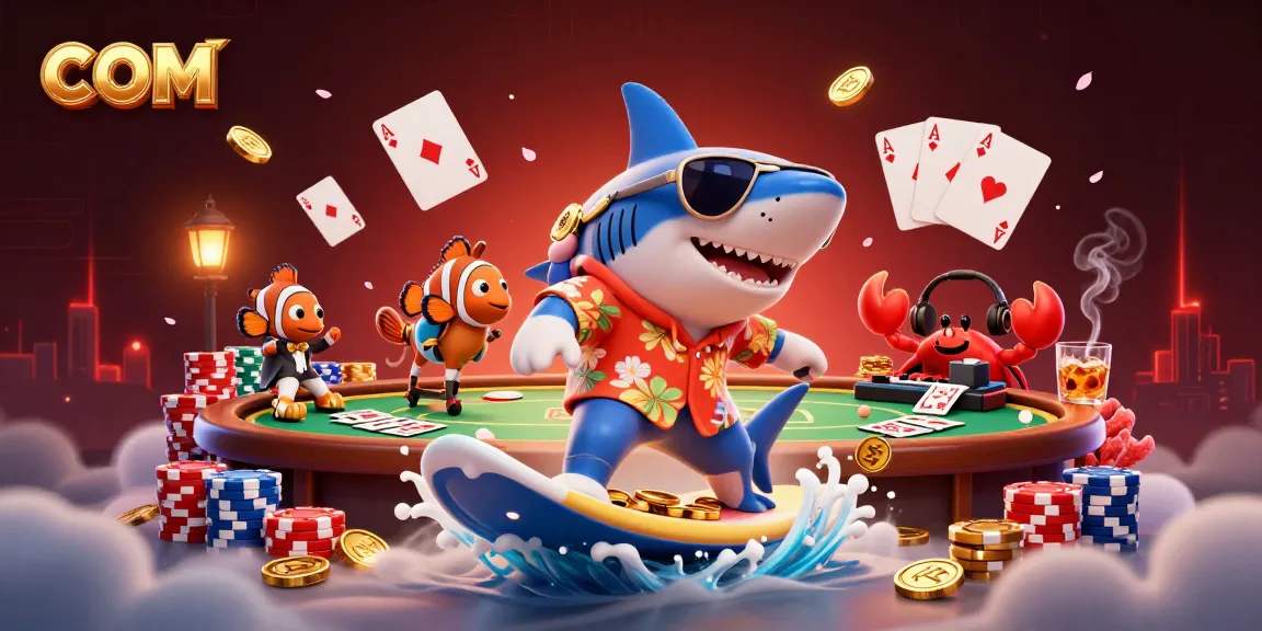 Engaging in a vibrant casino scene showcasing com with a shark, clownfish, and DJ crab amidst poker elements.