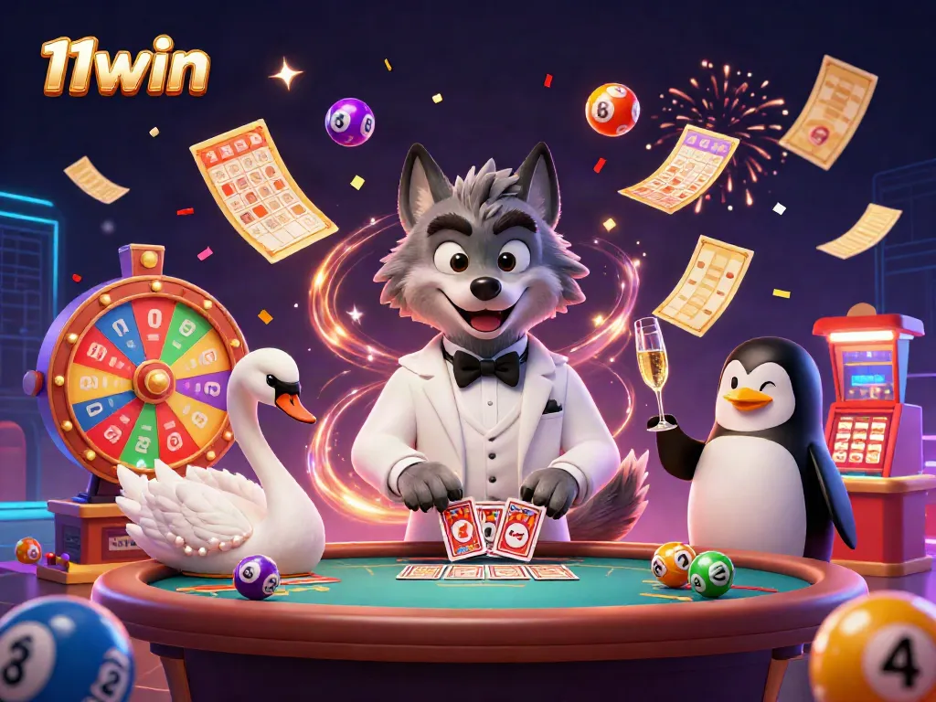 Experience thrilling gaming action at 11win with vibrant lottery balls and lively casino characters.