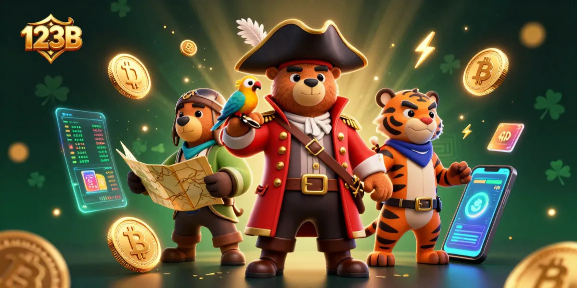 Experience the excitement of 123B with vibrant characters surrounded by crypto coins and dazzling casino elements.