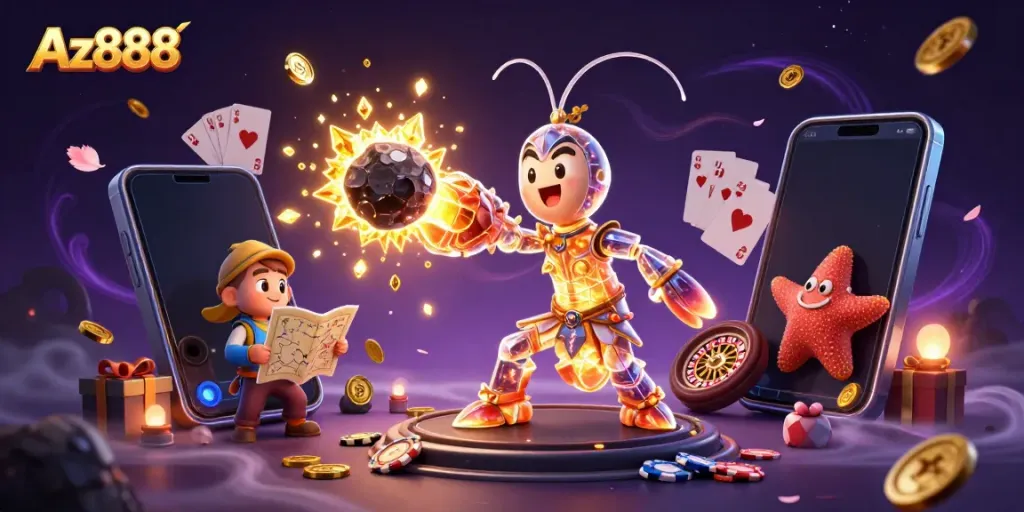 Explore thrilling adventures with Az888 and win golden gems in a vibrant 3D casino scene.