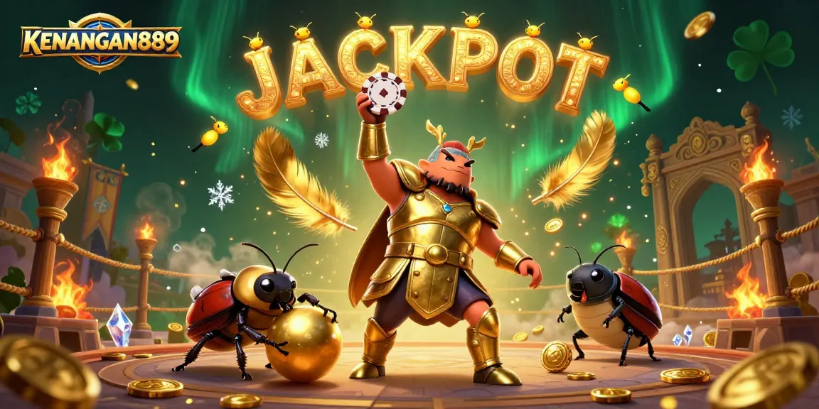 Engage with KENANGAN889 in this vibrant 3D illustration of a victorious beetle poker champion.
