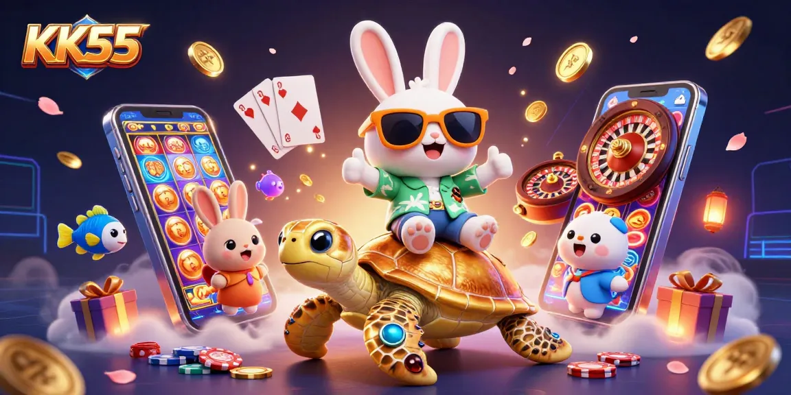 Spin the reels at KK55 with a lucky rabbit and golden turtle in a vibrant casino scene.
