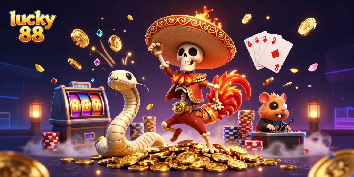 Experience a vibrant scene with lucky 88 elements as the skeleton rooster celebrates on golden coins.