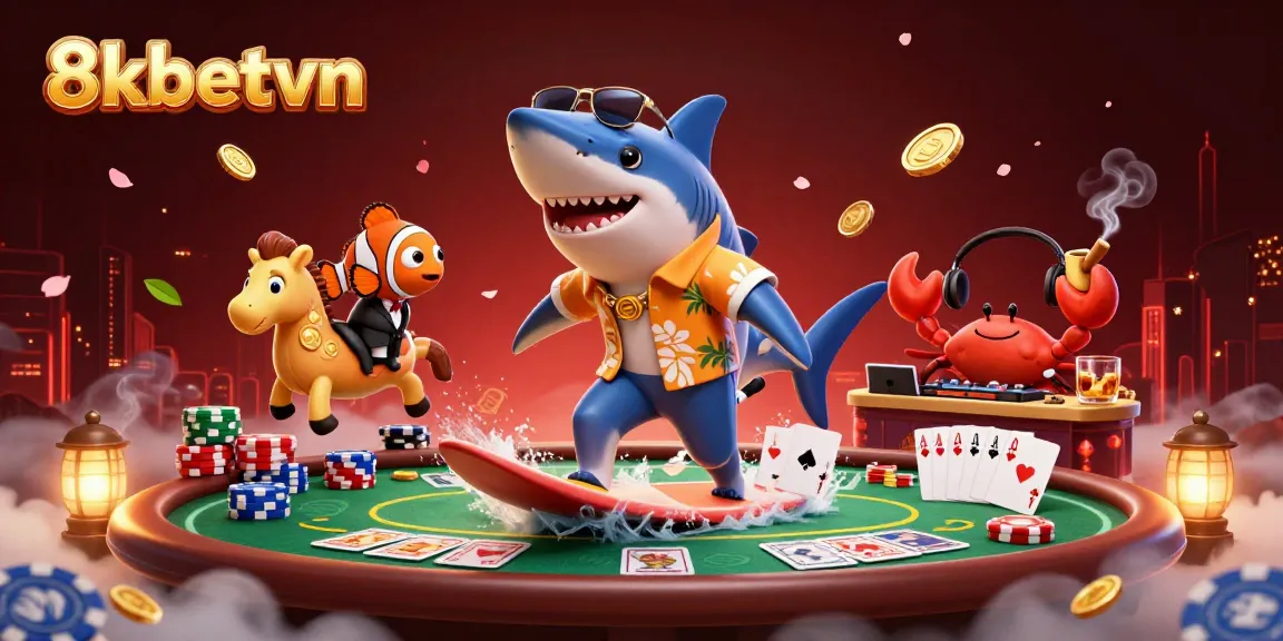 Experience thrilling gaming with 8kbetvn as a shark rides gold coins amidst poker excitement.