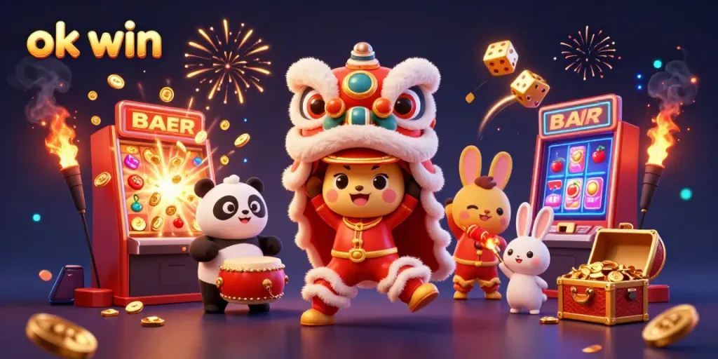 Experience the excitement of ok win with a vibrant casino-themed 3D illustration showcasing lively characters and slot machines.